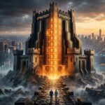 A massive fortress representing MicroStrategy's Bitcoin empire, built on the ruins of the dot-com bubble. Glowing Bitcoin blocks fill the center of the castle, with two businessmen walking toward it on a stone path. Modern city skyline and rising sun in the background.