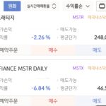 마이크로스트래티지(MSTR) 주식과 관련 레버리지 상품인 디파이언스 MSTR 데일리(MSTX)의 증권 계좌 수익률 화면. MSTR은 -2.26%, MSTX는 -6.84%의 손익률을 기록 중인 모바일 거래 화면.